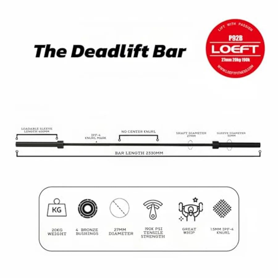 Professional 92in 27MM Deadlift Barbell for Powerlifting with 45lb 1500lbs Weight Ccity 190K PSI Enhanced Flex Black Steel Bar