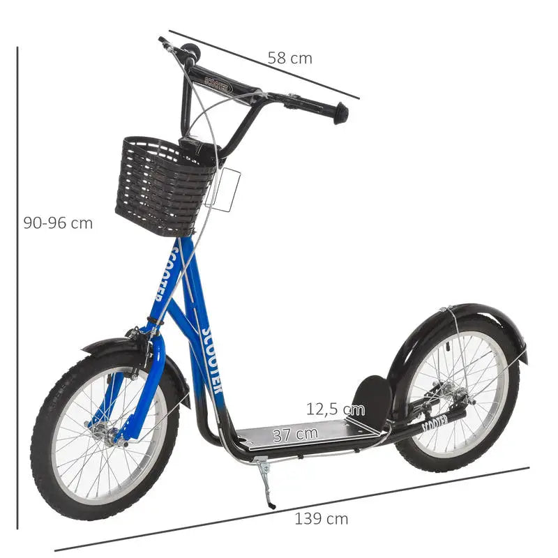 Children's scooter with brake, including basket, height adjustable, for children 5-12 years old, blue+black