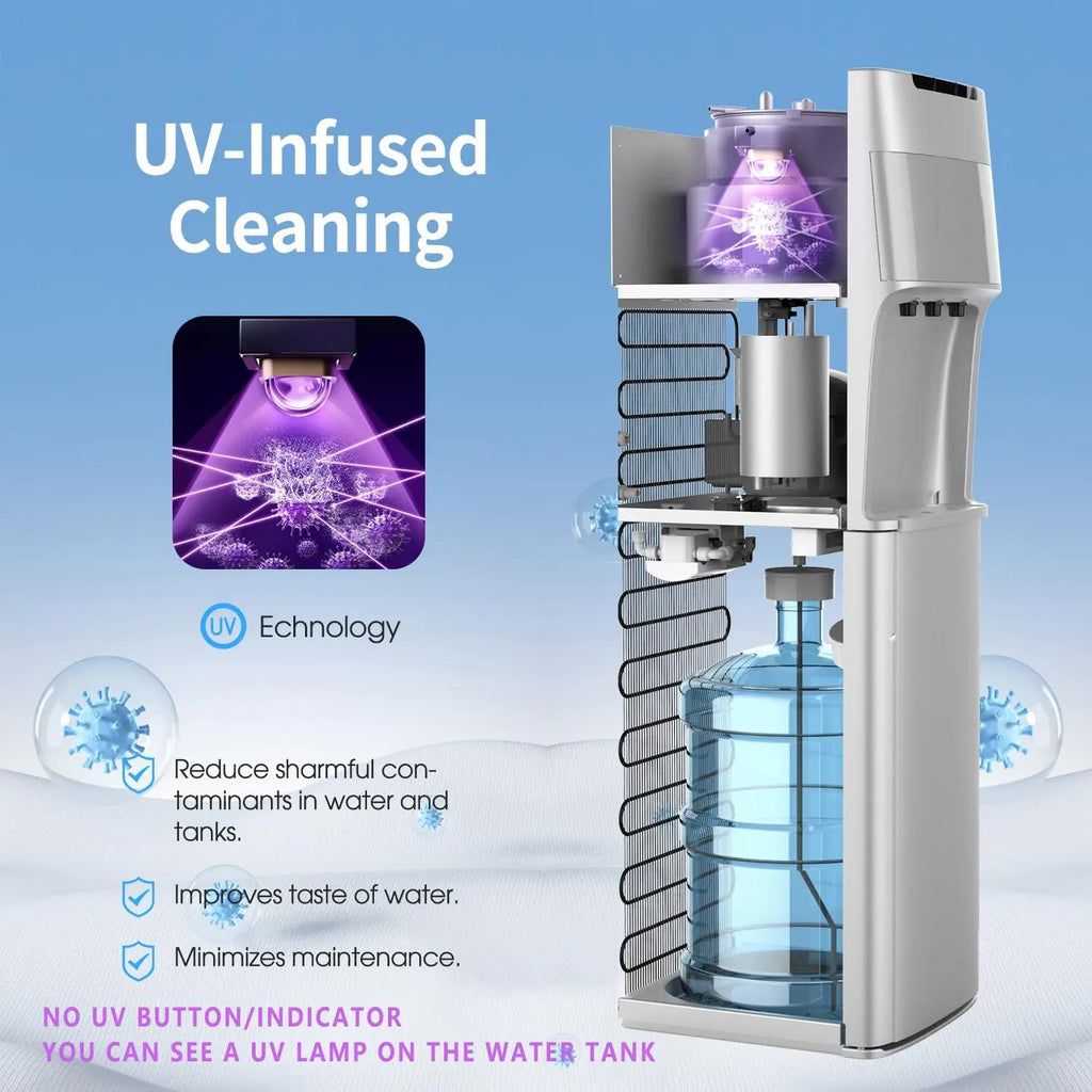 Self-Cleaning Water Cooler Dispenser Bottom Load for 3-5 Gallon Bottle with Safety Lock LED Display Light，Silver