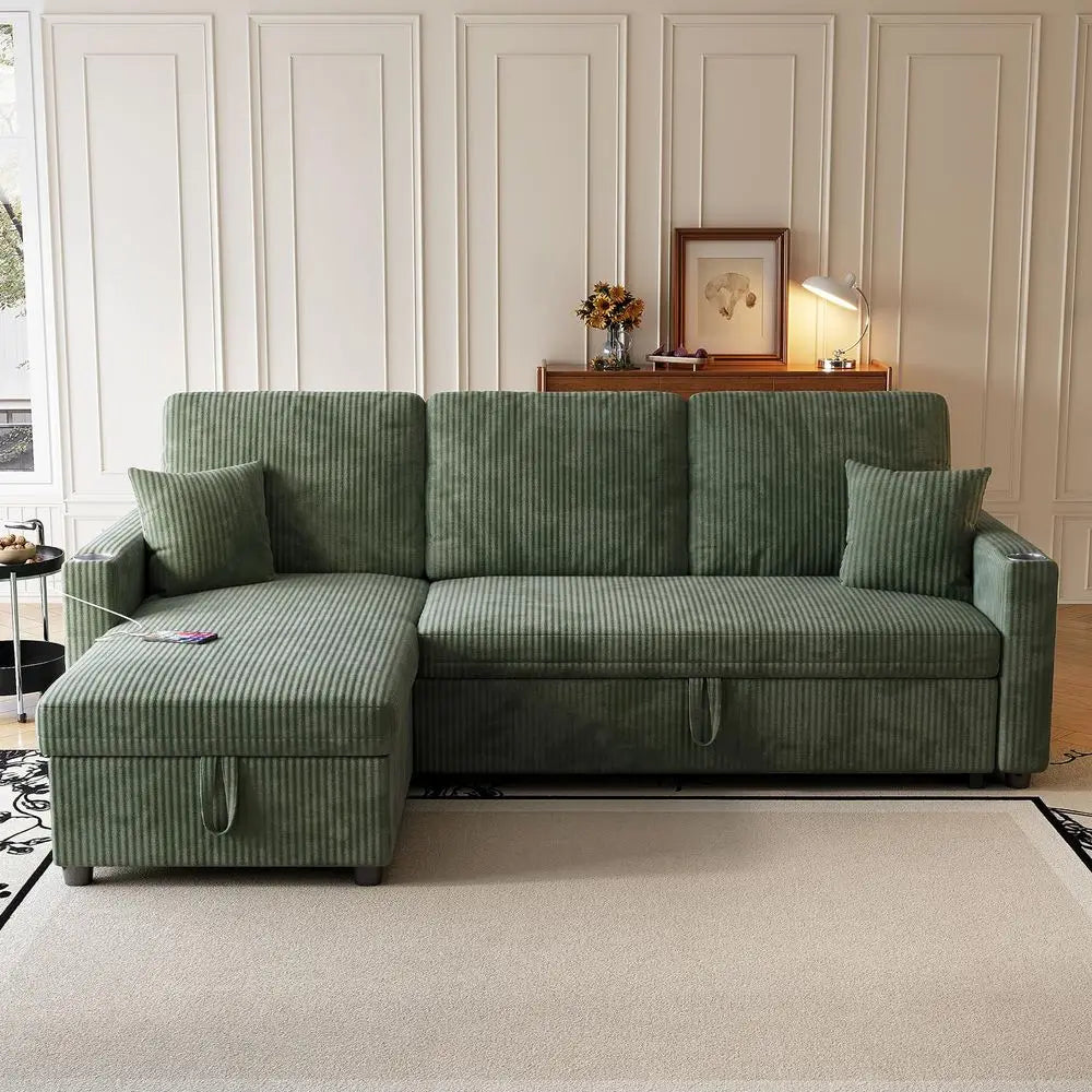 Sectional Sofa, 83 Convertible Sofa Bed with Pull Out Couches, Small Desktop, L Shaped Couch with Reversible Chaise, Cup Holder