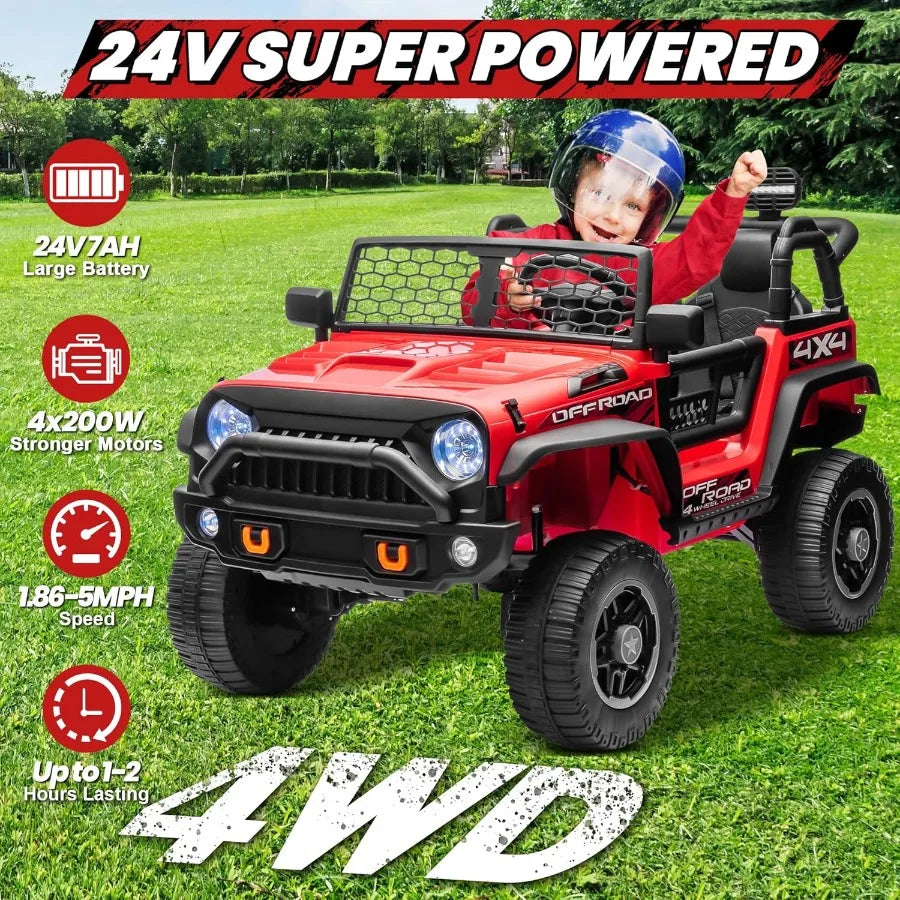 24V XL 2 Seater Ride On Toys Car for Big 4WD/2WD Switchable Electric Truck w/20'' Wide Seat Remote Control 4-Wheeler Suspension