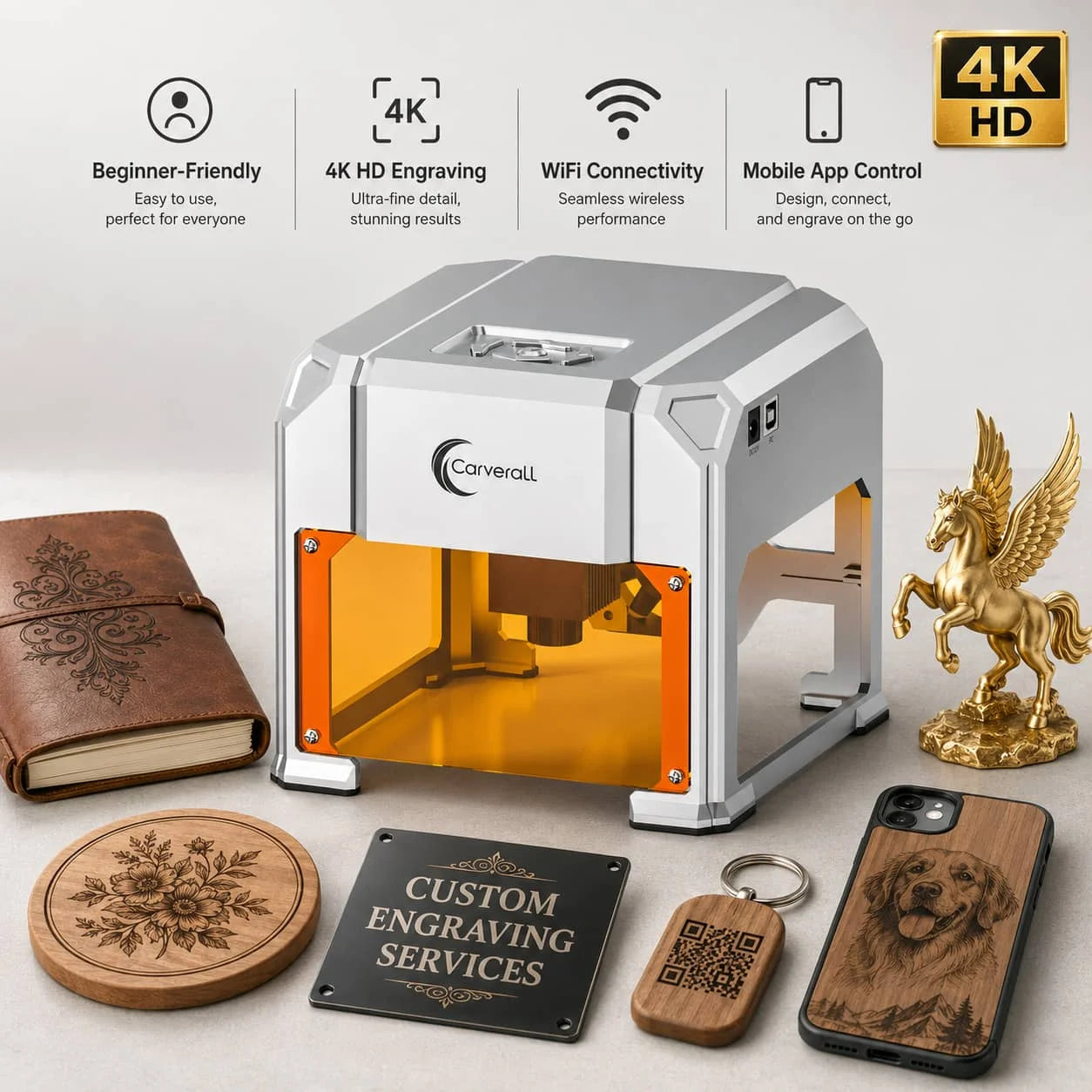 Carverall Laser Engraver Machine, K4 3W, A1 Pro 5W/10W, HD Camera Positioning & Dual Laser Metal Cutter, WiFi App Control, Enclosed Desktop Engraving Tool for Wood Acrylic Leather DIY Craft Home Workshop