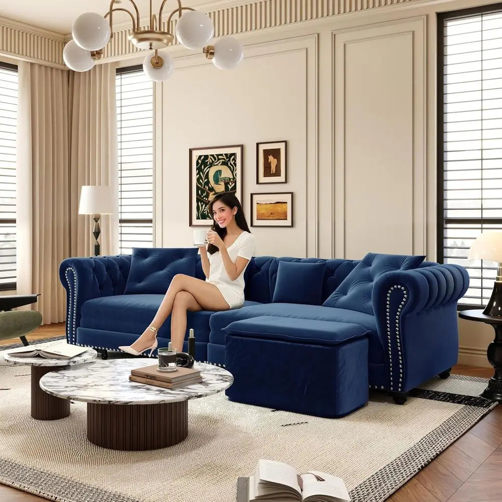 King Size 3-in-1 Convertible Sleeper Sofa with Ottoman, Button-Tufted Chesterfield Style, Ideal for Small Spaces, Blue
