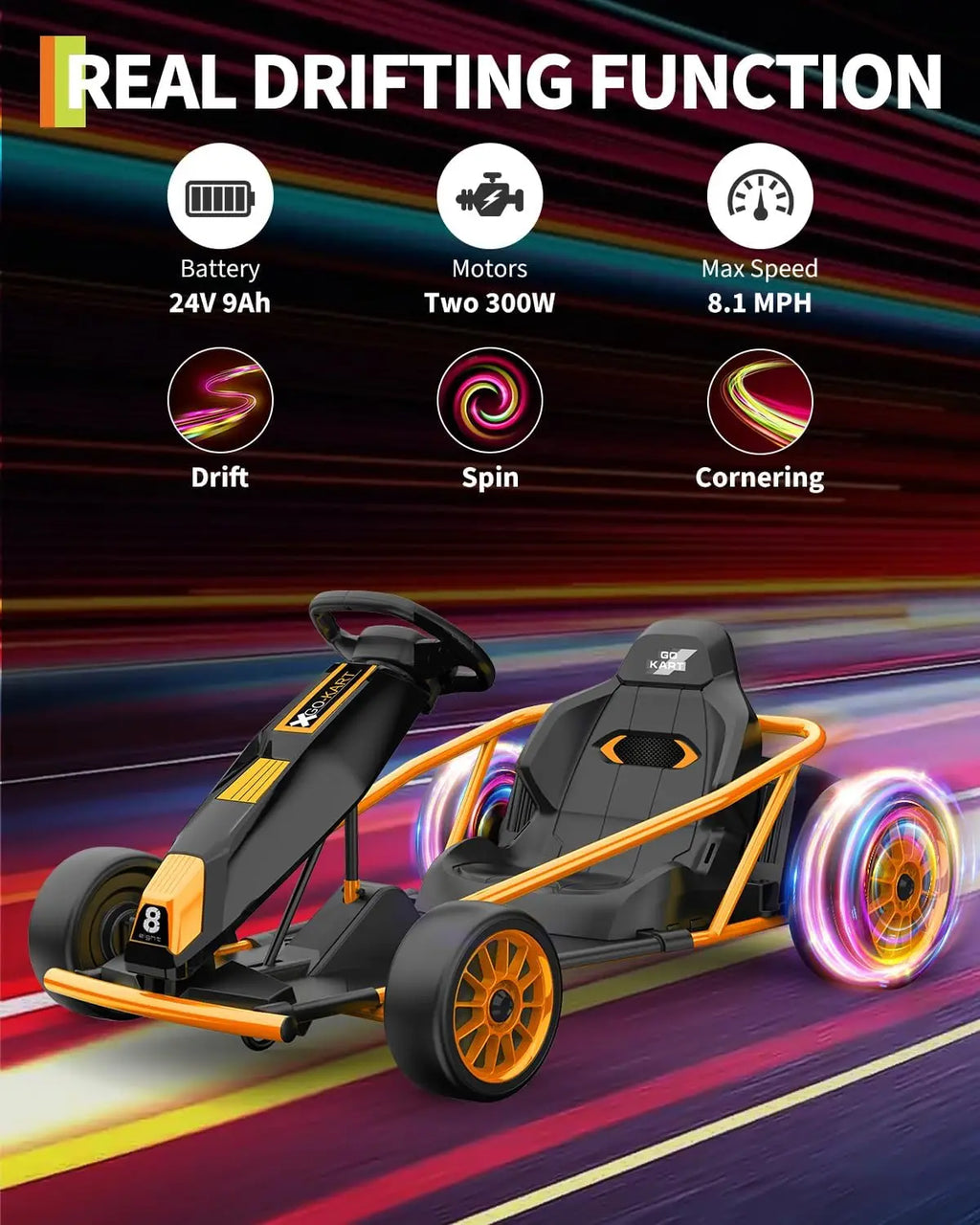 24V 9Ah Kids Ride On Go Kart Toy,High Speed 8.1MPH Drifting Car with 2x300W Motors Full Metal Frame,Music,for Kids 86-12 Years
