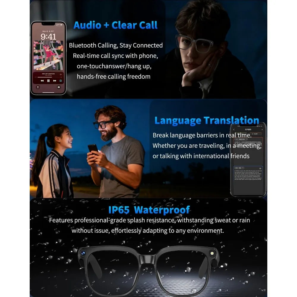 Smart Glasses 800W with Camera, AI Translator, Object Recognition, Bluetooth Audio, Photochromic Lenses, 290mAh Battery