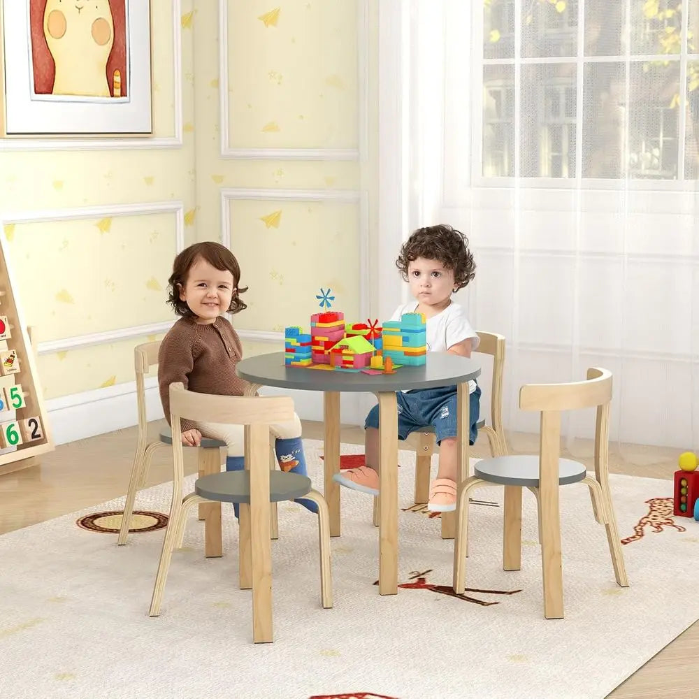 Kids Table and Chair Set, Bentwood Toddler Round Table and 4 Chairs for Craft Art, Building Block, 5-Piece Children Furniture Se