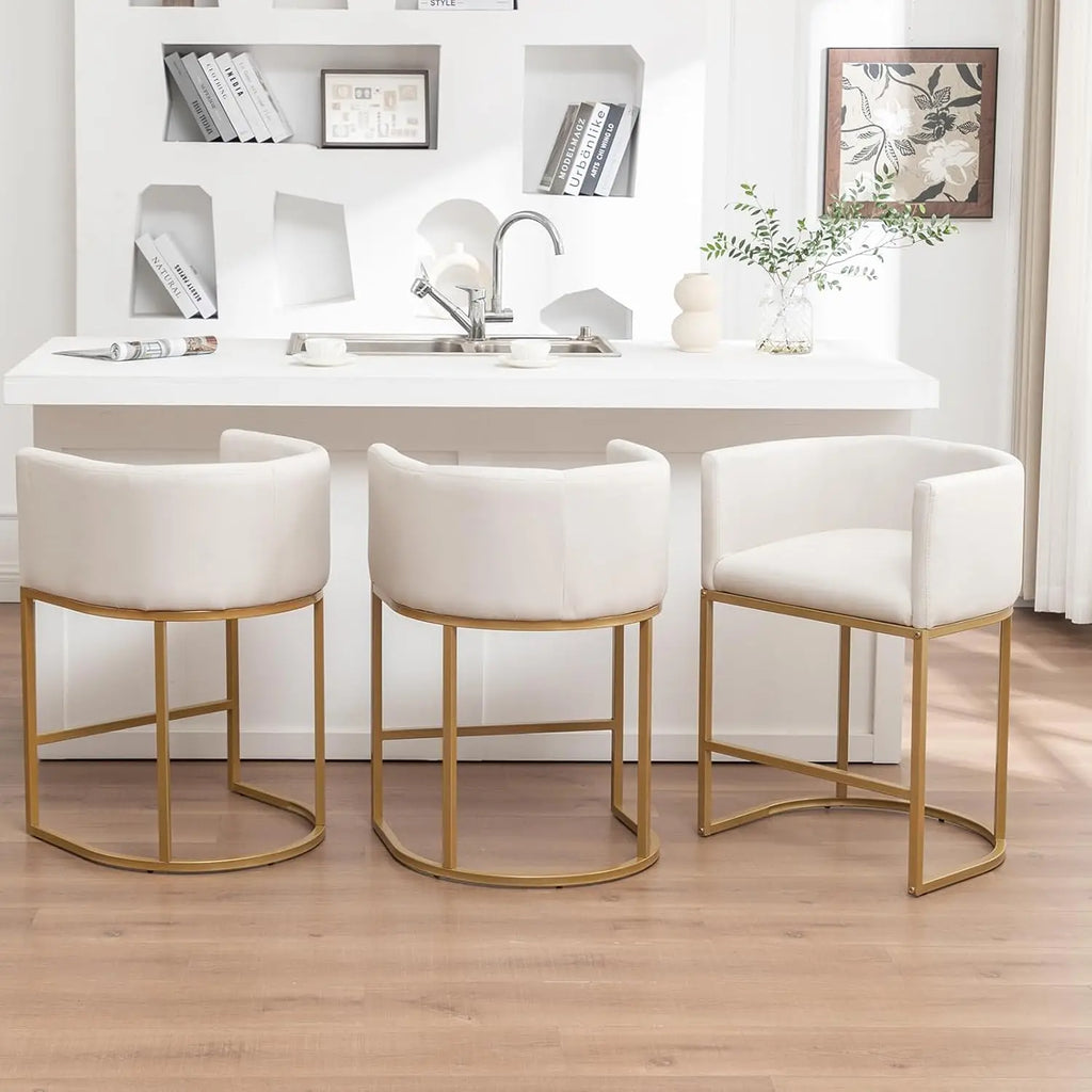 25in Counter Height Bar Stools Set of 3 with Backrest Metal Frame Linen Upholstered Kitchen Island Cafe Beige, Customized