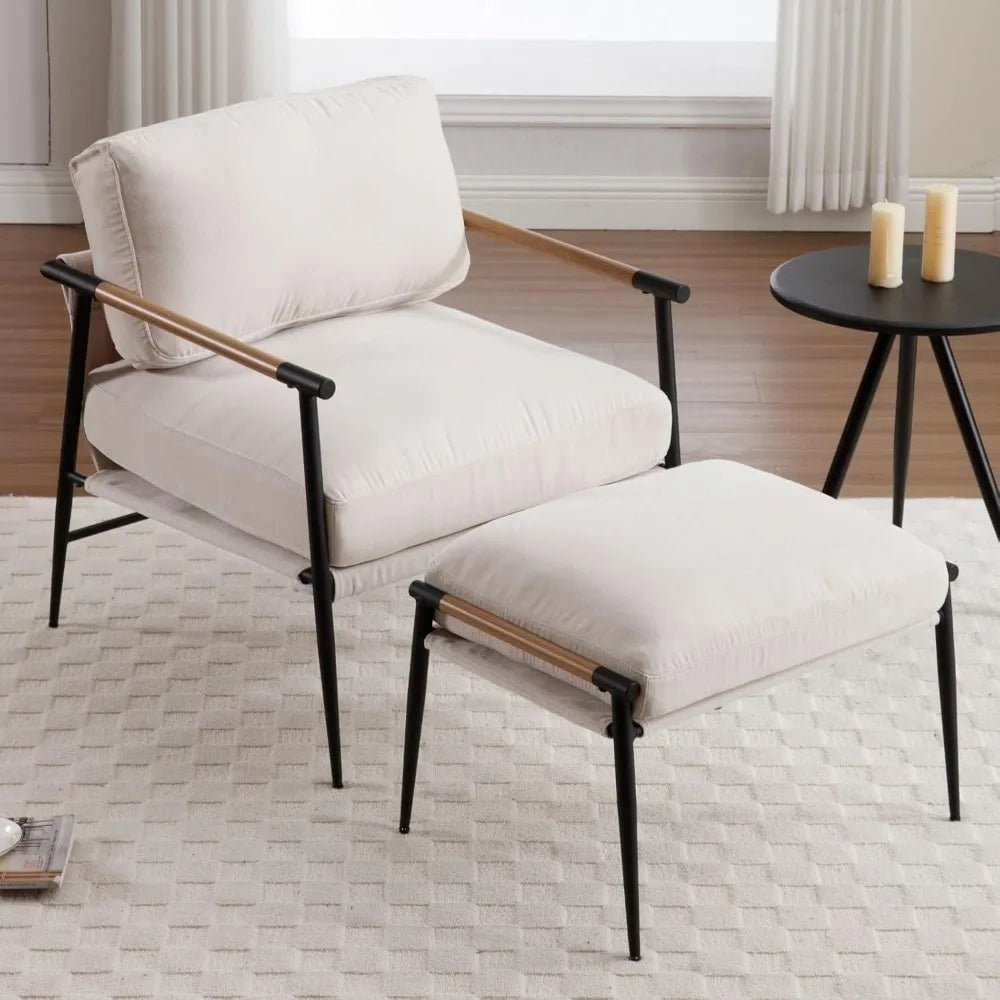 Mid-Century Chenille Accent Chair with Ottoman, Soft Living Room Chair with Metal Legs Modern Upholstered Armchair Read