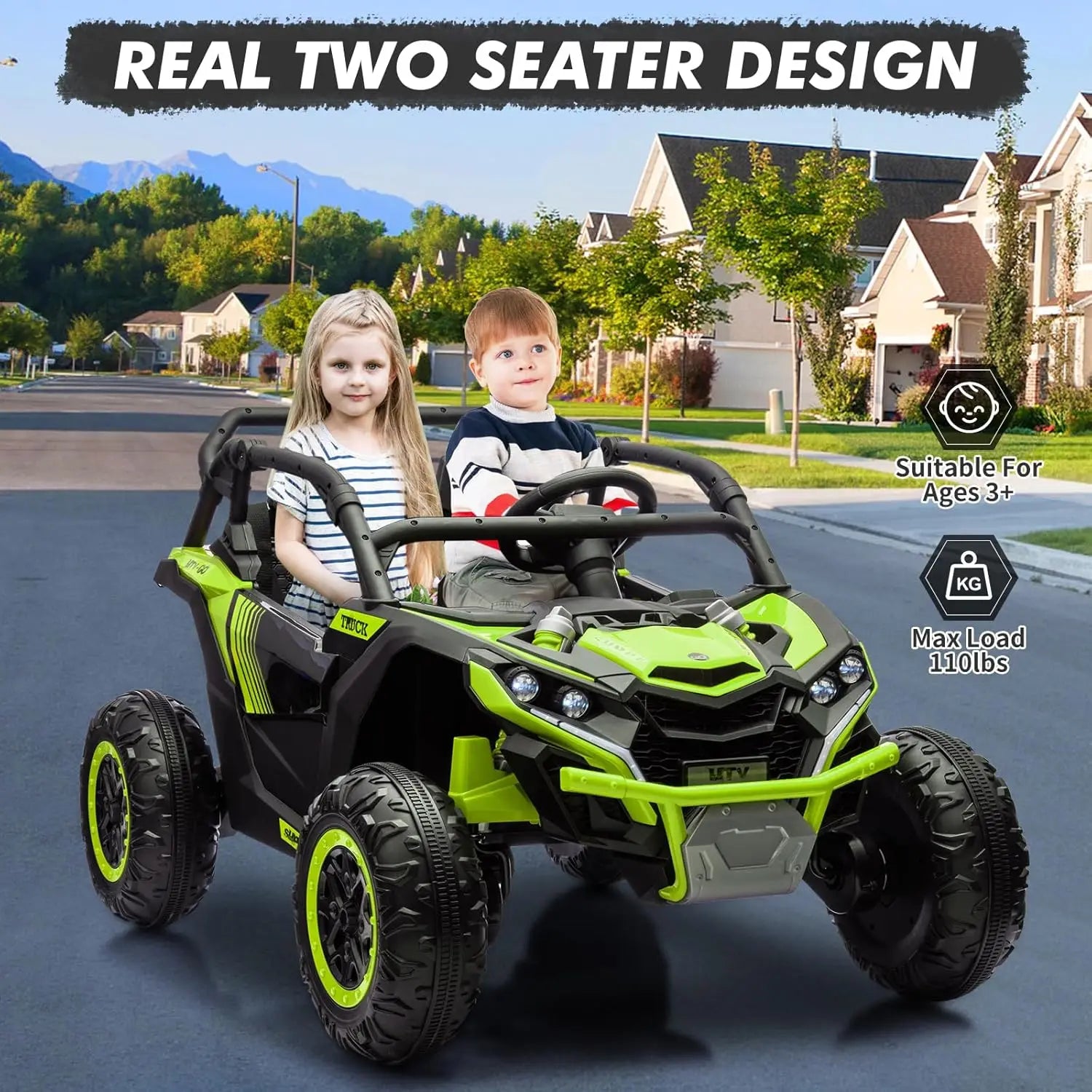 24V 2-Seater Ride-on UTV Kids 4WD Off-Road Electric Vehicle,Remote Control,LED Lights,Music,Horn,Shock Absorbers,110 Lbs Load