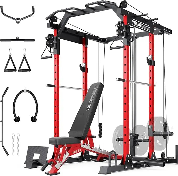 YOLEO Smooth Pulley System Power Cage, Adjustable Cable Crossover Power Rack, Multi-Functional Cable Machine for Home Gym