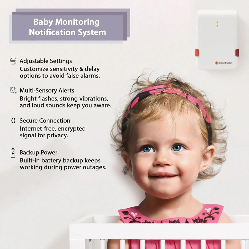 Baby Cry Notification System with Alarm Clock Receiver and Bed Shaker – Non-WiFi Baby Monitor Device – Multi-Sensory Vibration, Light Alarm – Ideal for Deaf and Hard of Hearing
