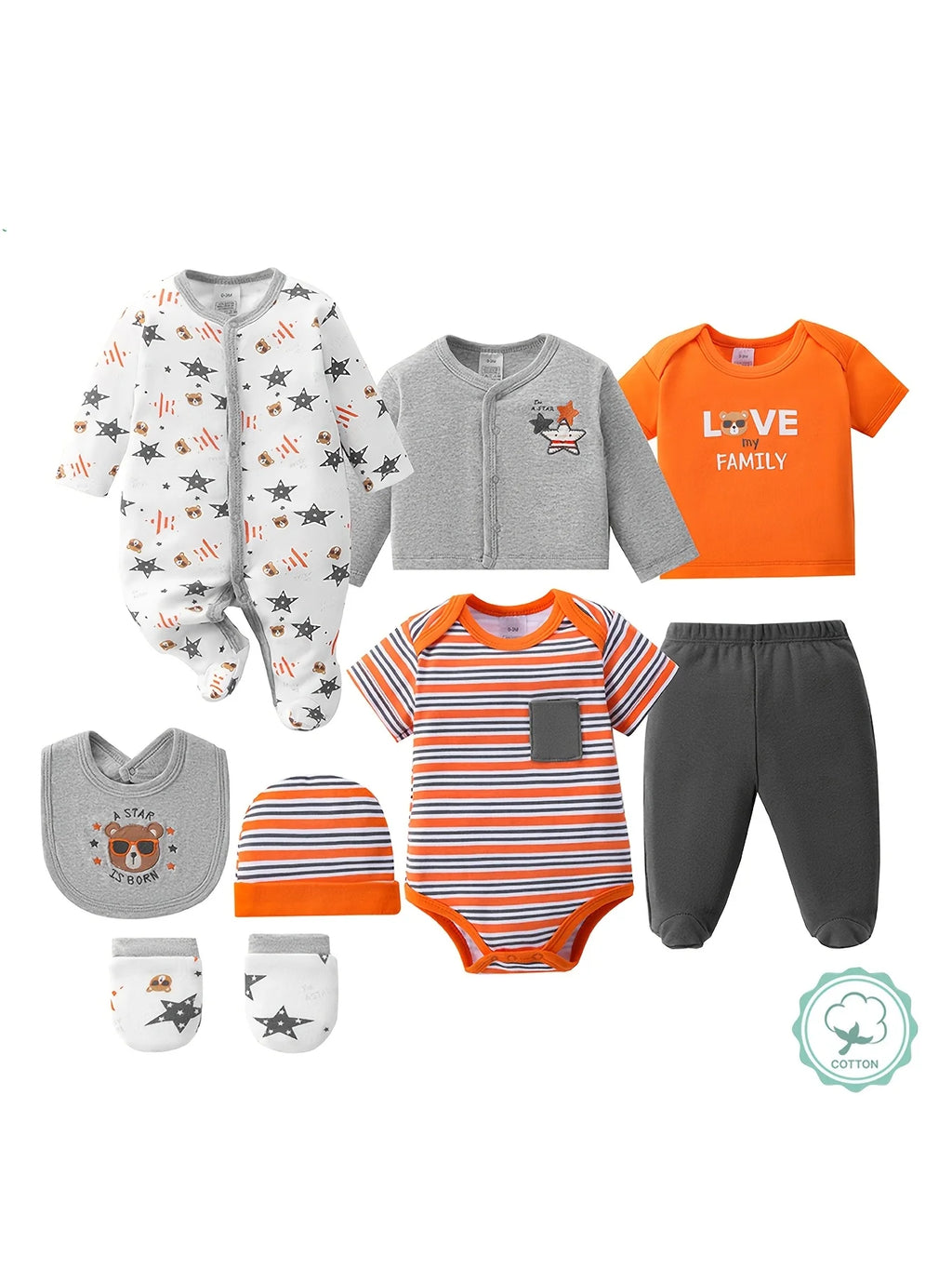 8-pc Soft Unisex Newborn Layette Sets Spring Summer, Hospital Home Outfits, Pants Hats Bibs Mittens Bodysuits Jackets Tops, for Outdoor