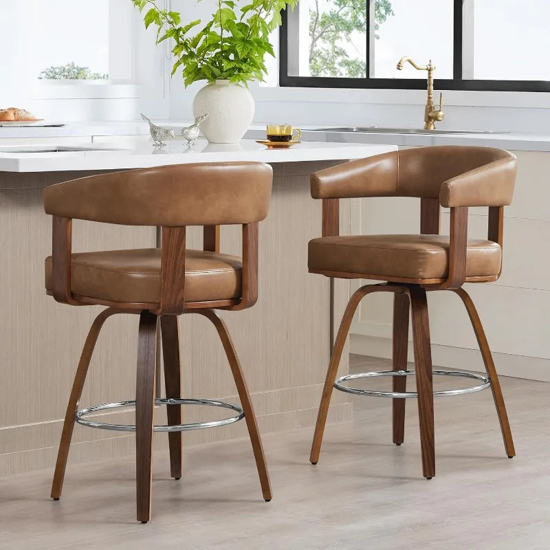 CHITA Swivel Counter Height Barstools Set of 2, FSC Certified Faux Leather Upholstered Bar Stools with Back and Armrest