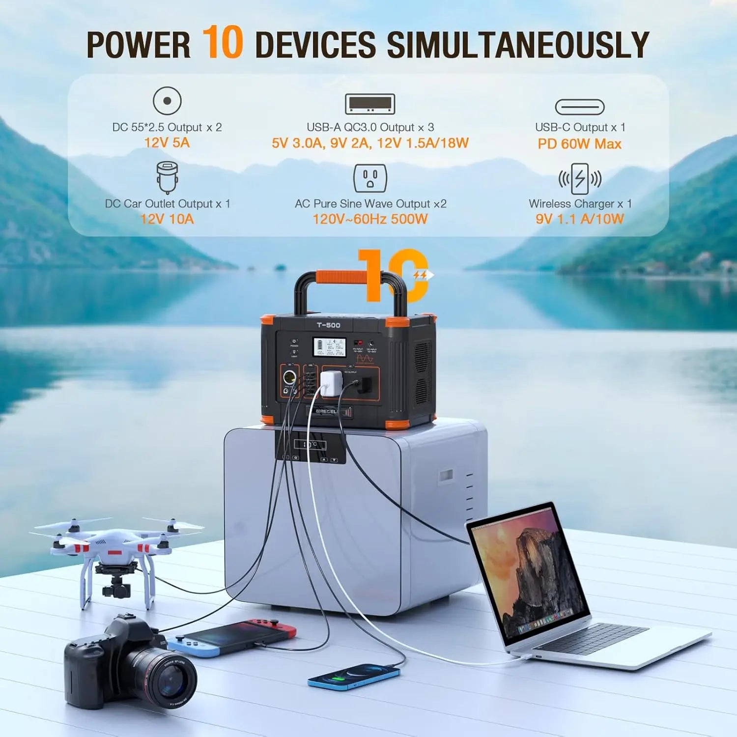 Portable Power Station 500W(Peak 1000W), 519.48Wh Outdoor Solar Generator Backup Battery Pack with 2 AC Outlets, 500W 10-Port Po