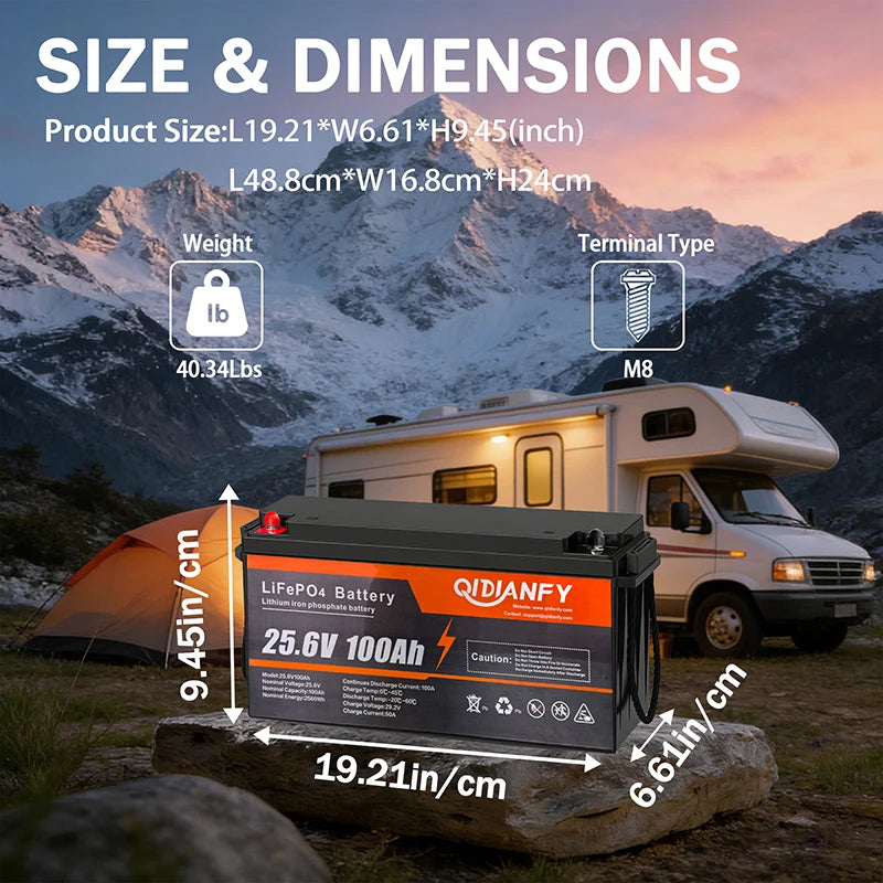 Qidianfy 24V 100Ah LiFePO4 Lithium Battery with 100A BMS 2560Wh Power for Solar Off-grid Home Backup Energy Storage RV Fishing