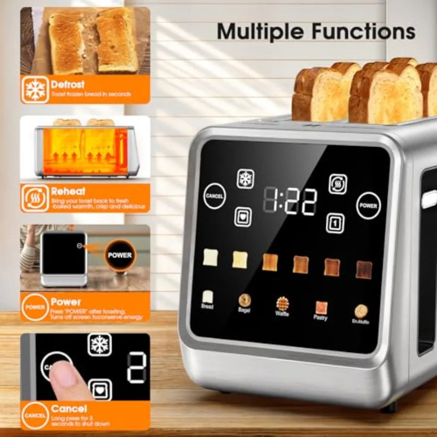 4 Slice Long Slot Toaster 1.5 Wide Slots for Thick Bread Bagels Artisan Bread Stainless Steel with LED Touchscreen Countdown Ti