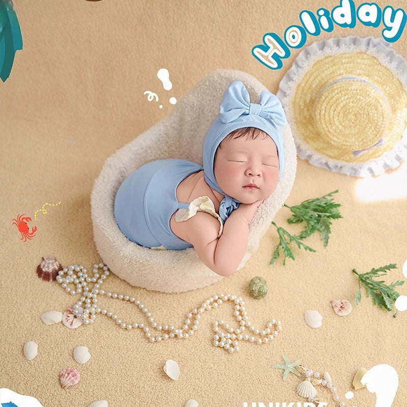 Newborn Photography Props Summer Swimsuit with Headband Beach Theme Set Decors Backdrop for Studio Photoshoot Photo Clothing