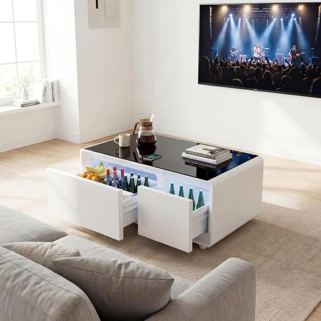 Smart Coffee Table with Built-in Fridge 15W Wireless Charging USB Ports Speakers 23"x41.5"x18.2" for Living Room, Custom