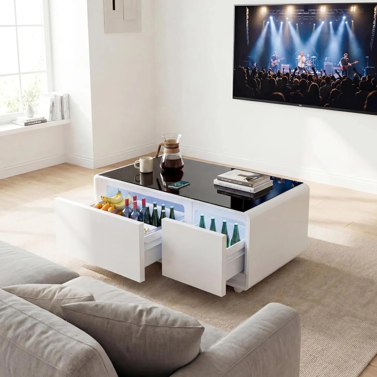 Smart Coffee Table with Built-in Fridge 15W Wireless Charging USB Ports Speakers 23"x41.5"x18.2" for Living Room, Custom
