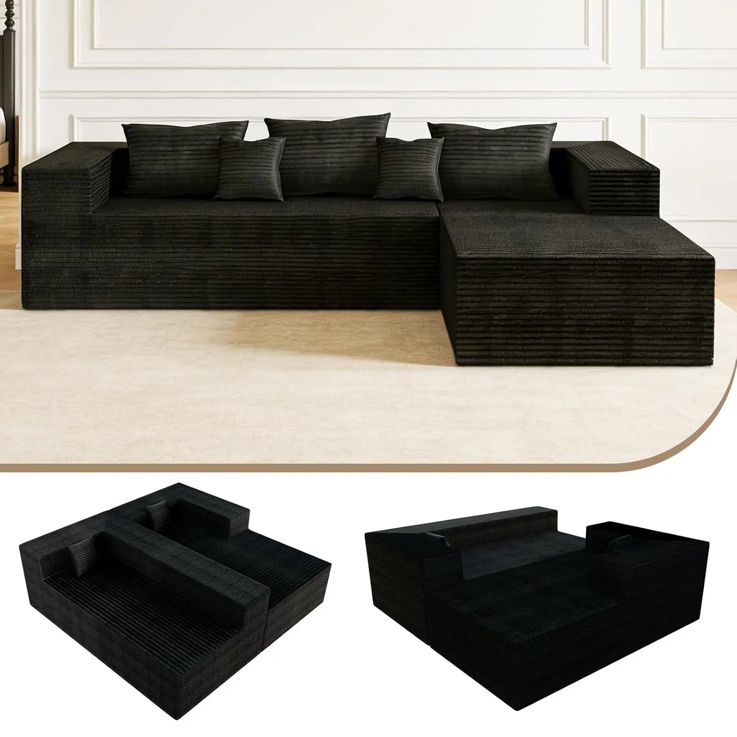 105.9in L-Shaped Modular Sectional Sofa Deep Seat Corduroy Memory Foam Living Room Furniture No Assembly, Customized