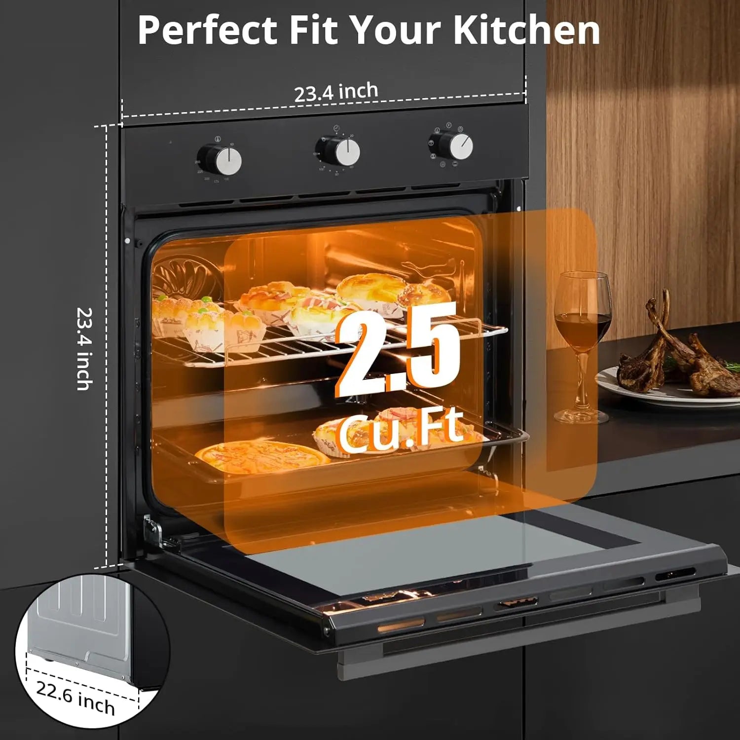 24" Built-in Electric Wall Oven 2.5 Cu.ft 8 Cooking Modes Stainless Steel With Mechanical Knob Control & 3-Layer Tempered Glass