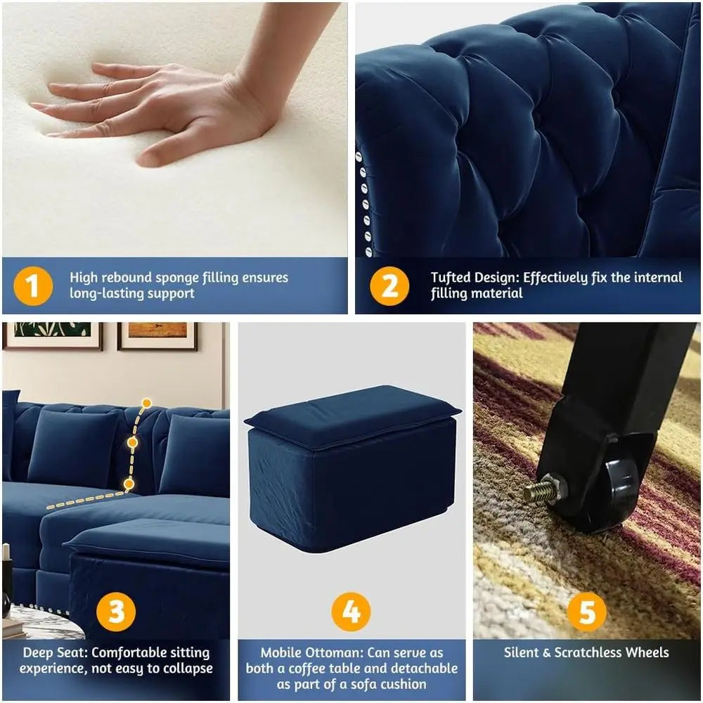 King Size 3-in-1 Convertible Sleeper Sofa with Ottoman, Button-Tufted Chesterfield Style, Ideal for Small Spaces, Blue