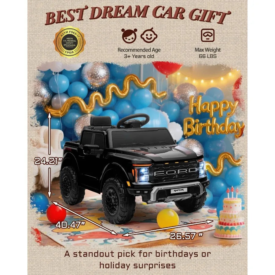 12V Licensed Raptor Kids Ride on Toy, Ride on Truck with Parent Remote Control, Electric Car for Kids with Truck Bed Storage, 3