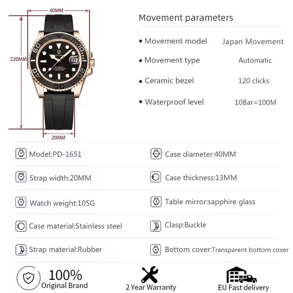 PAGANI DESIGN 2026 40MM Rose Gold Black Sports Watch with AR Coating Sapphire Glass Watch Mechanical automatic watches for me