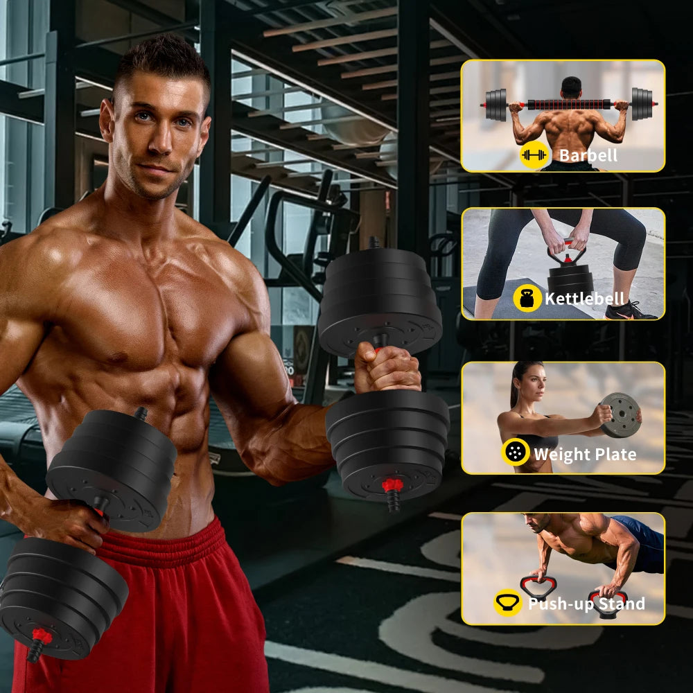 90LB 4-in-1 Adjustable Dumbbell Set: Converts to Barbell/Kettlebell/Push-Up, Plates & Grips