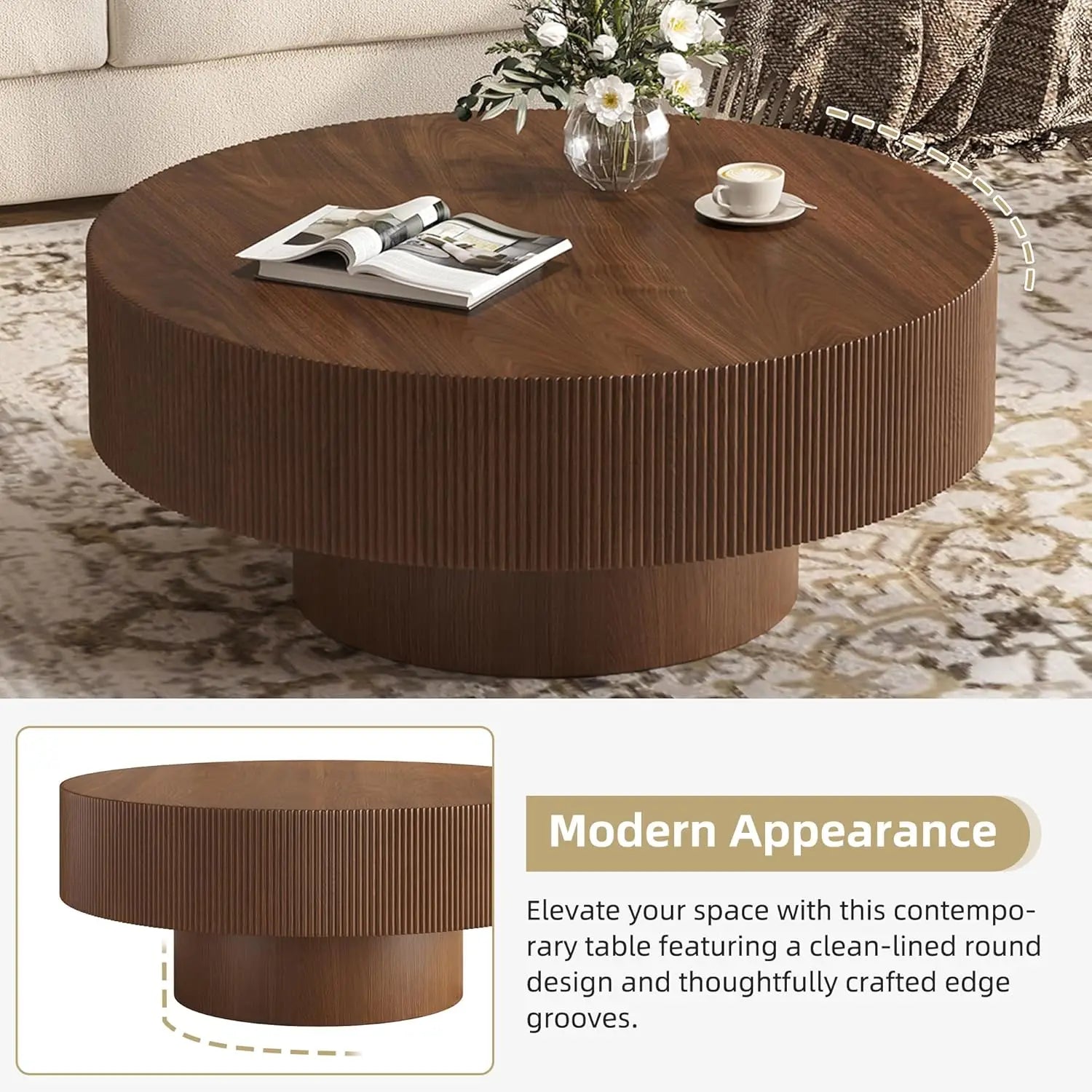 35.4 Inch Round Large Coffee Table with Sturdy Base, Wood Minimalist Fluted Center Table for Living Room Reception Room, Easy Assemble, Walnut