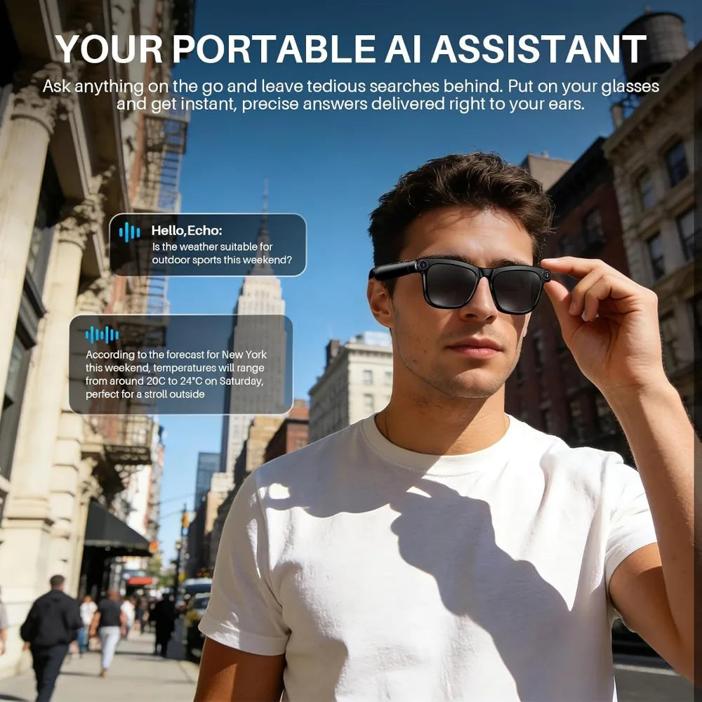 HD 1080P Glasses: 8MP Photos, Auto-Tint Lenses, Open-Ear Audio, Voice Assistant, AI, Translation, LED Privacy, IPX4