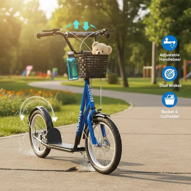 Children's scooter with brake, including basket, height adjustable, for children 5-12 years old, blue+black
