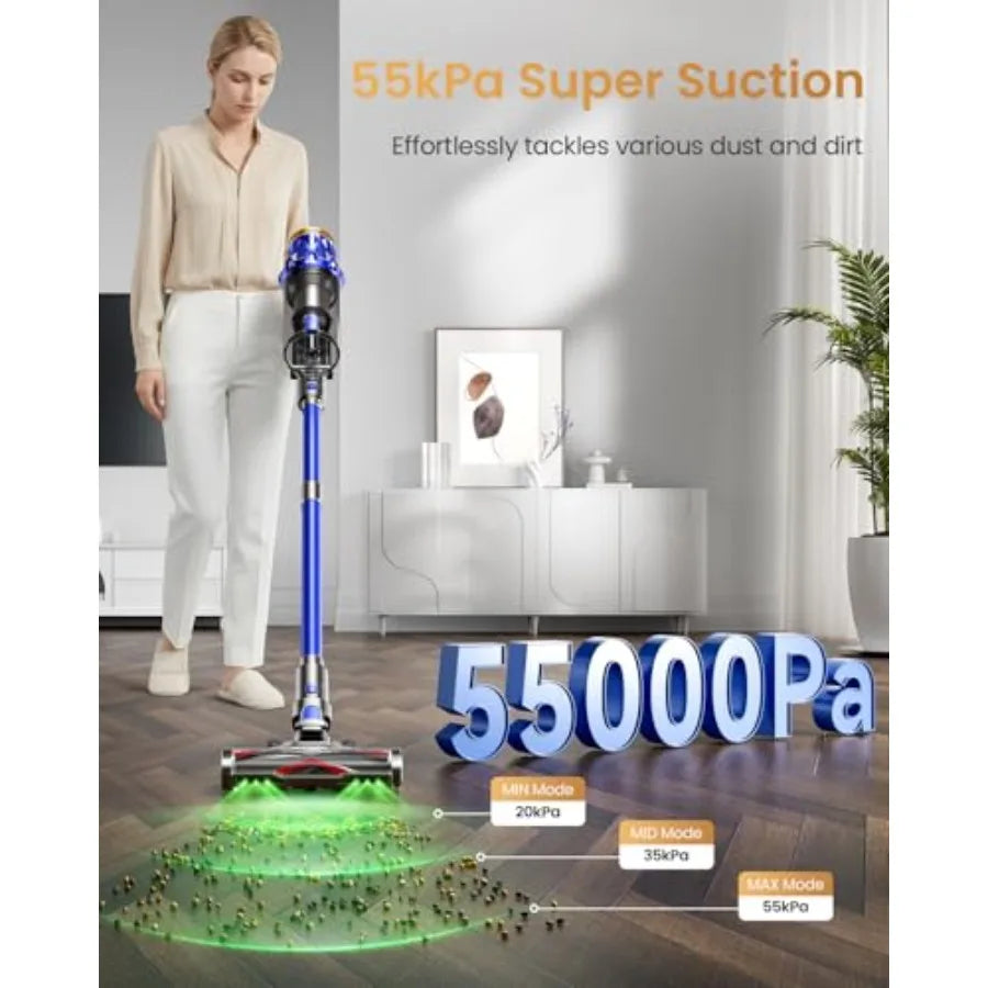 Cordless Vacuum Cleaner for Home Use, ABS Plastic, Black, 650W Power with 55KPA Suction, 70-Min Runtime, Self-Standing Design,