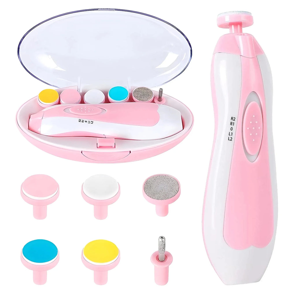 Baby Nail Trimmer Electric Kit Fingernails Toes Care Manicure 6-in-1 Set with LED Light for Newborn Kids and Adult Available in Pink and Blue.