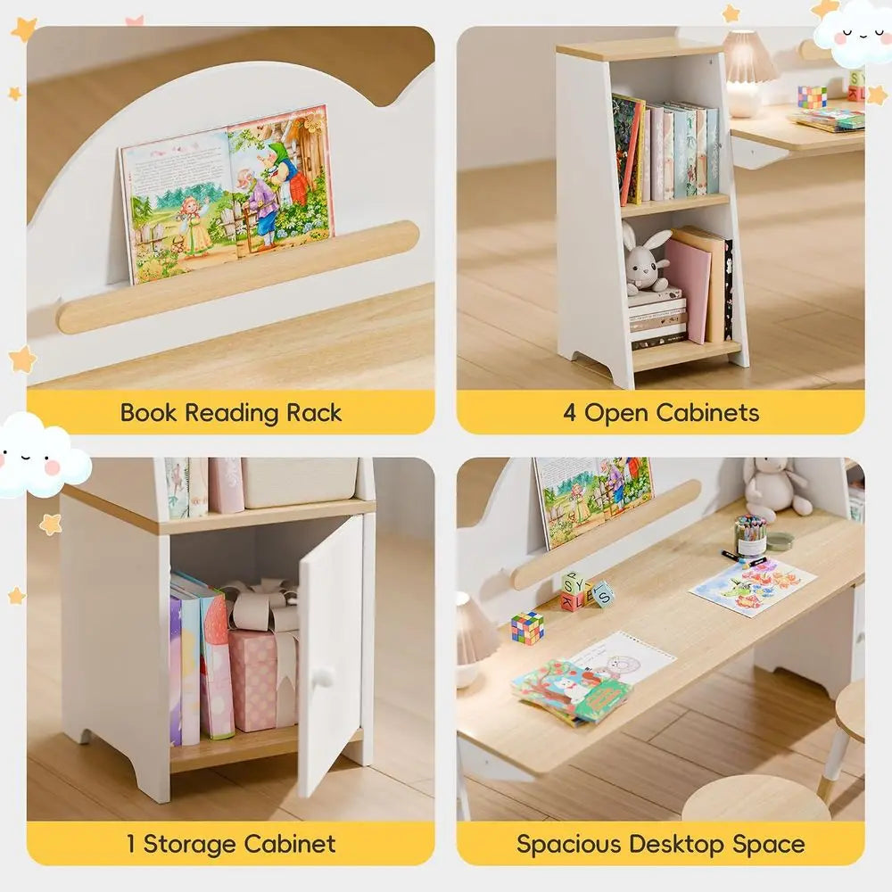 Kids Desk with Storage and 2 Stools, Wooden Children Study Desk and Chair Set with 5 Bookshelves & Cabi, Montori Cloud-Style Art