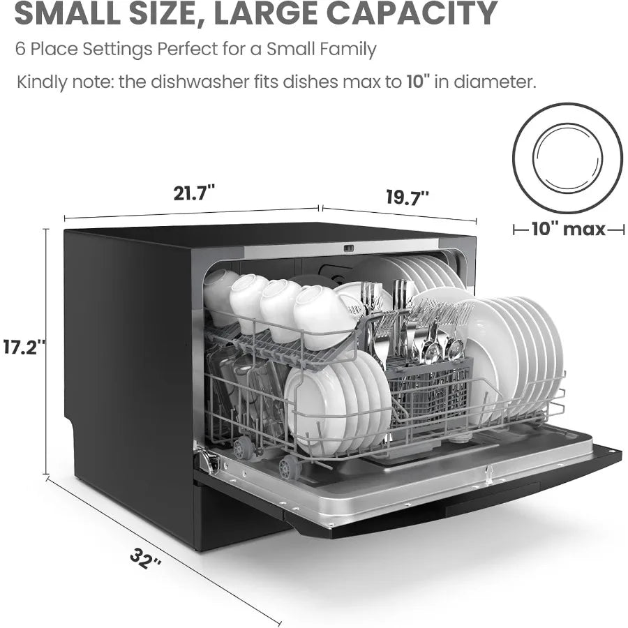 Portable Countertop Dishwasher for Dorm RV Apartment 6 Place Settings 8 Programs Speed Baby-Care ECO Glass Black Stainless Stee