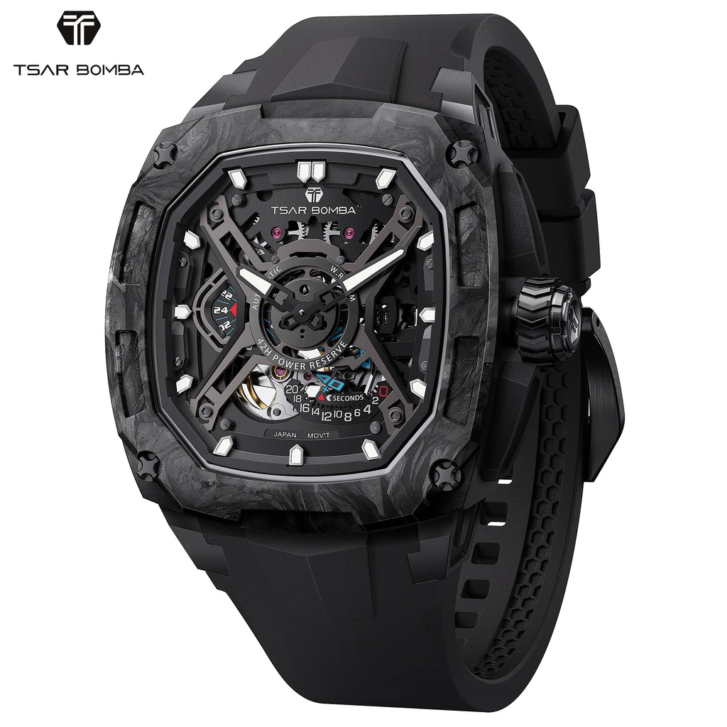 TSAR BOMBA Men's Luxury Mechanical Watch, Carbon Fiber Case, Luminous, 5ATM Waterproof, Viton Strap, Ideal Gift for Men