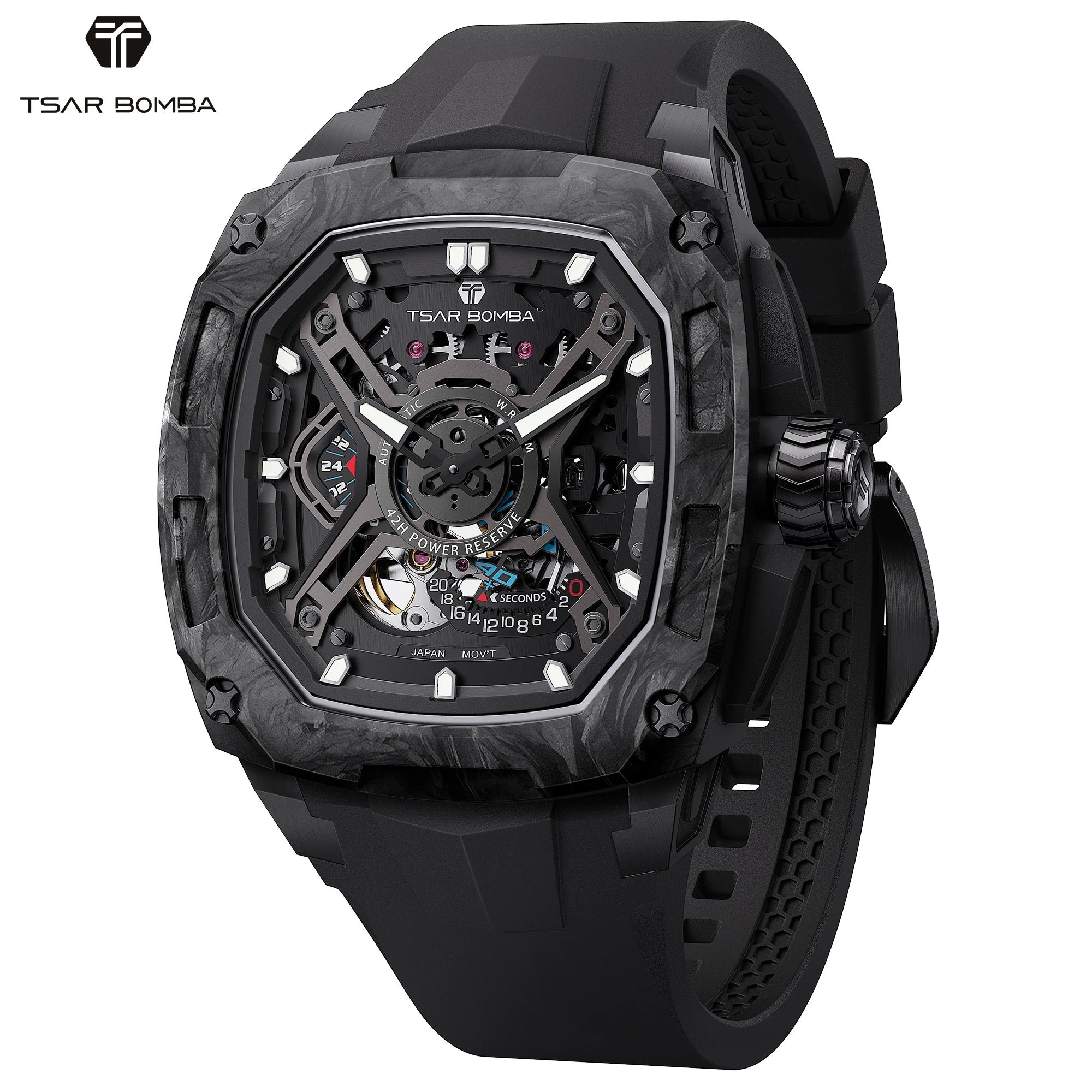TSAR BOMBA Men's Luxury Mechanical Watch, Carbon Fiber Case, Luminous, 5ATM Waterproof, Viton Strap, Ideal Gift for Men