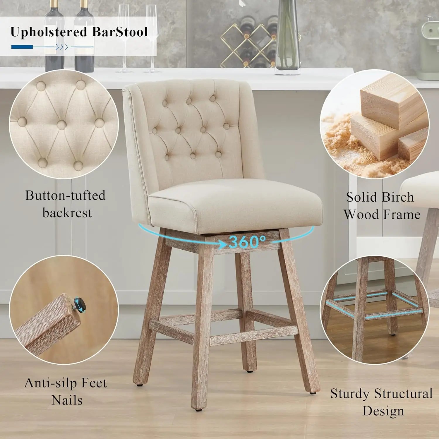 26" Swivel Bar Stools Set of 4, Counter Height Barstools with Back, Linen Fabric Upholstered Bar Stools, Customized