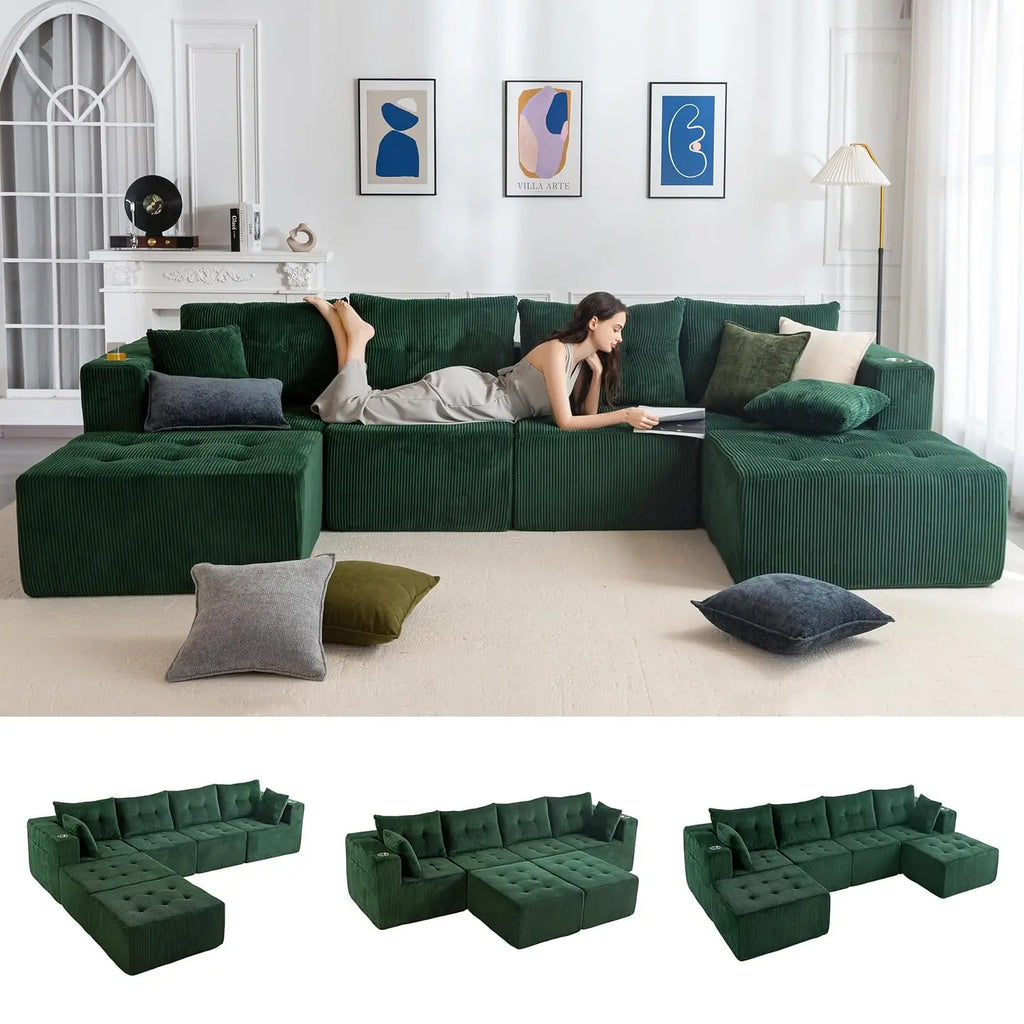 129.5" U Shaped Modular Sectional Sofa with 2 Ottomans Tufted Cloud 6 Seat Sleeper for Living Room Orange Customized