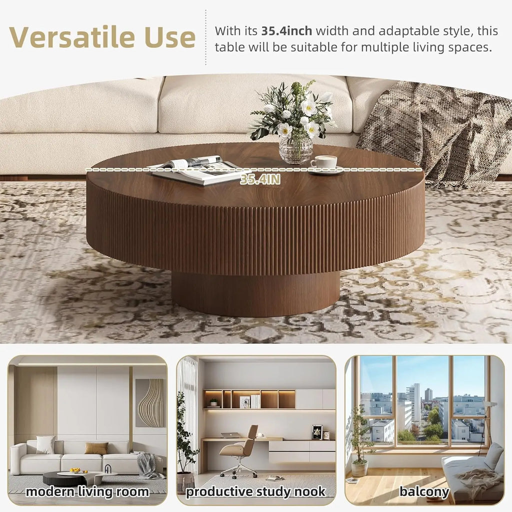 35.4 Inch Round Large Coffee Table with Sturdy Base, Wood Minimalist Fluted Center Table for Living Room Reception Room, Easy Assemble, Walnut
