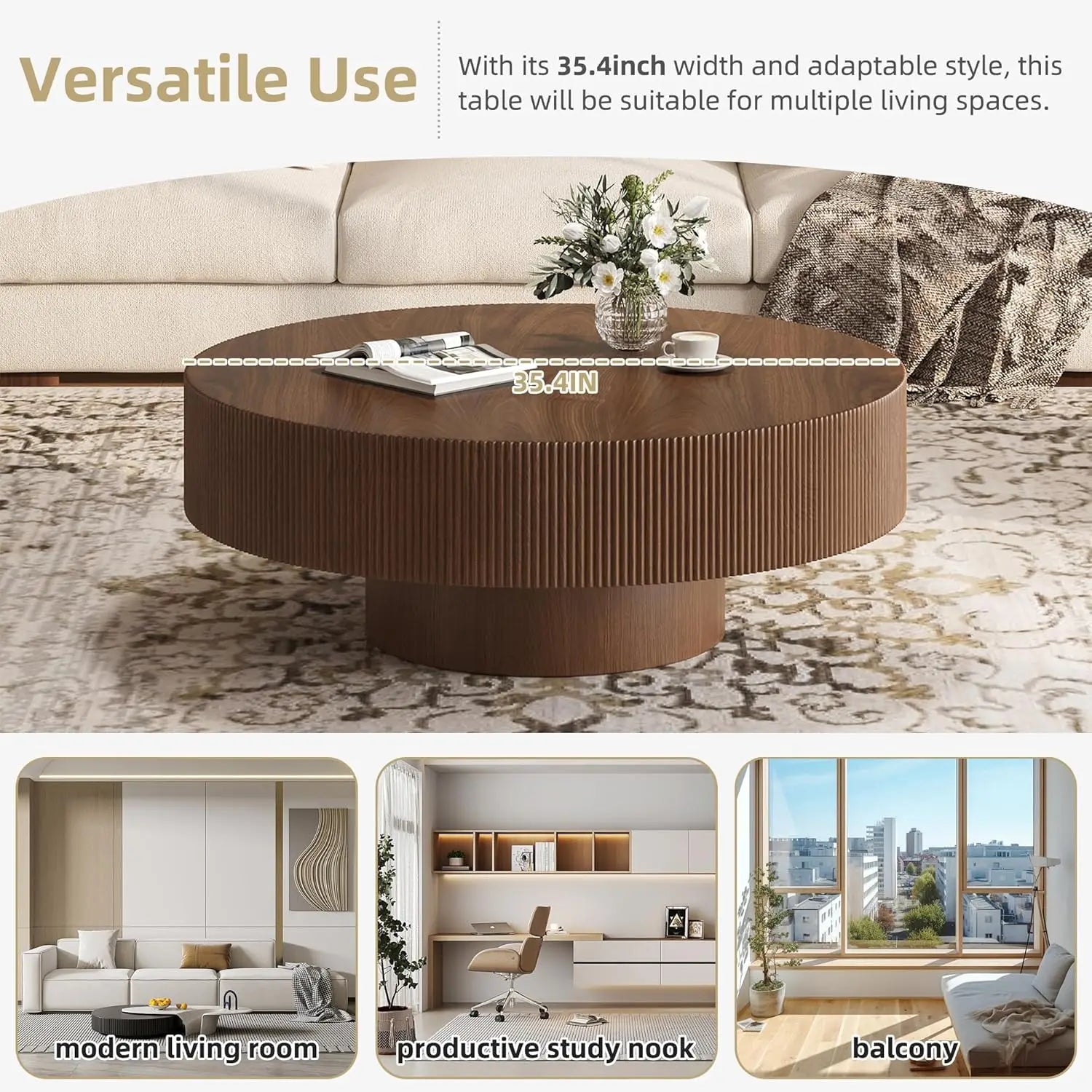 35.4 Inch Round Large Coffee Table with Sturdy Base, Wood Minimalist Fluted Center Table for Living Room Reception Room, Easy Assemble, Walnut