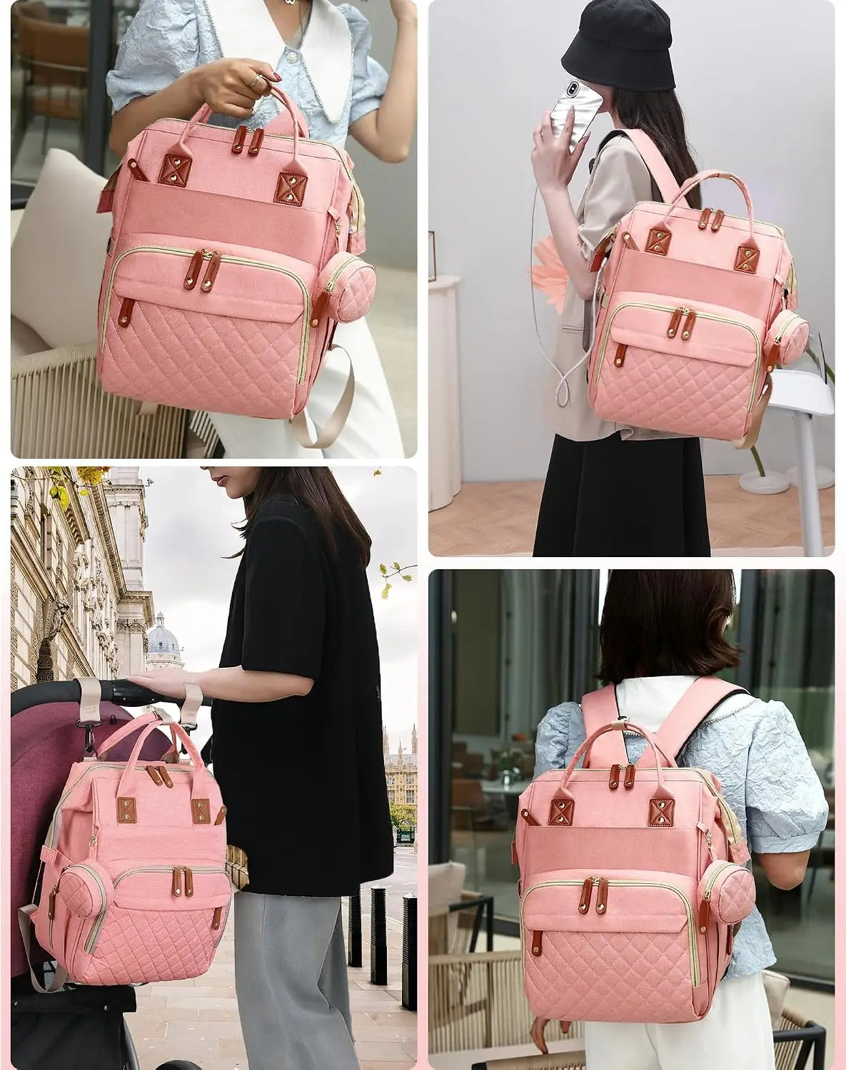 3 In 1 Waterproof Diaper Backpack With Foldable Changing Pad Large Capacity Mommy Nappy Bag Stroller Hanging Organizer Portable Outdoor Camping Hiking Road Trip Travel Baby Essentials Storage Backpack Peach Pink