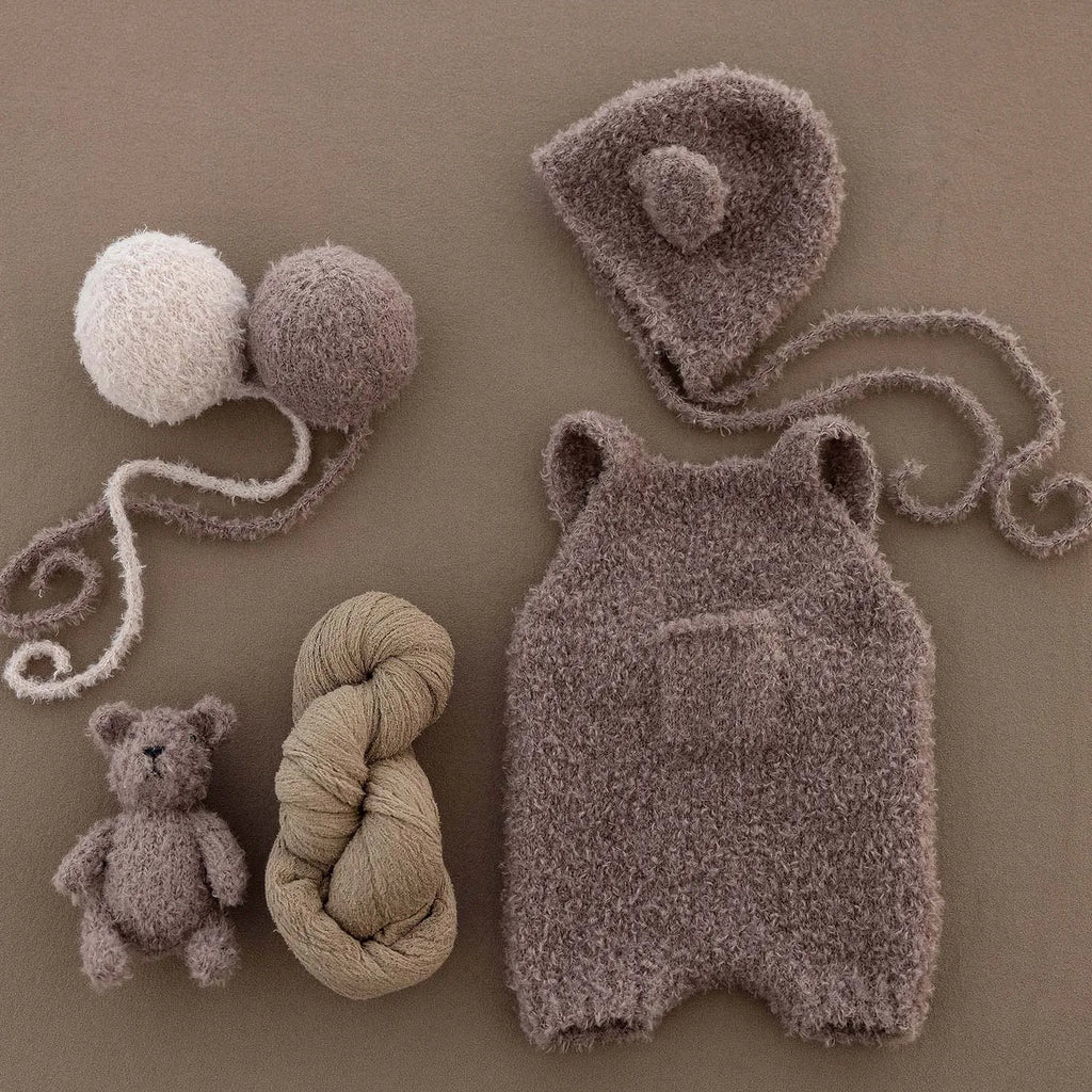 Newborn Photography Bear Costume Knitted Balloon Decorative Props Baby Plush Hat Jumpsuit Set Photo Studio Shooting Accessories