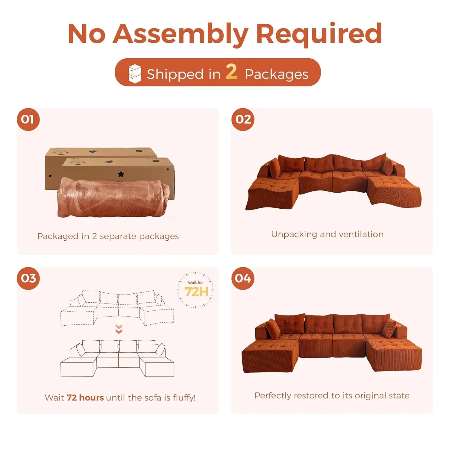 129.5" U Shaped Modular Sectional Sofa with 2 Ottomans Tufted Cloud 6 Seat Sleeper for Living Room Orange Customized