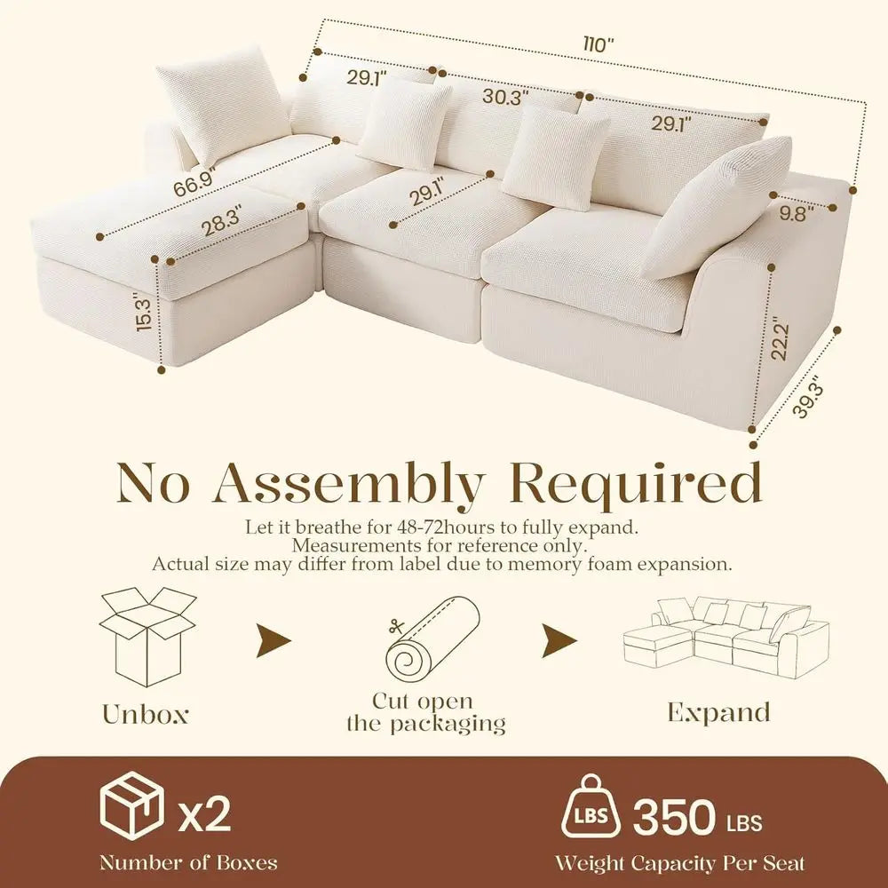 110" Cloud Sectional Couches or Living Room, L-Shaped Convertible Soa, 3-Seat ular BonelCouch with Movable Ottoman, Beige
