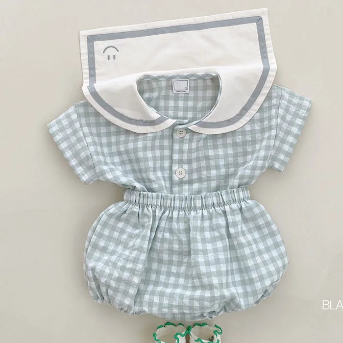 Infants and Toddlers Refreshing Plaid Academy Style Short-Sleeved Bread Pants Set, Newborn Summer Lapel Set