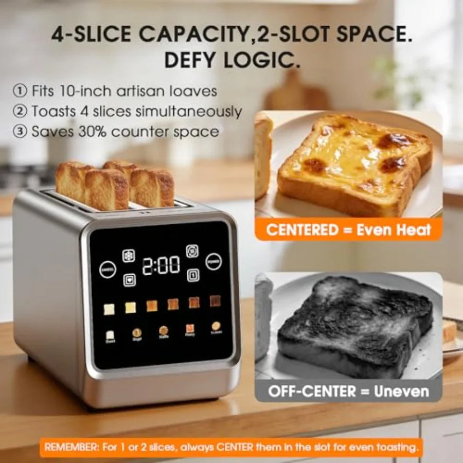 4 Slice Long Slot Toaster 1.5 Wide Slots for Thick Bread Bagels Artisan Bread Stainless Steel with LED Touchscreen Countdown Ti