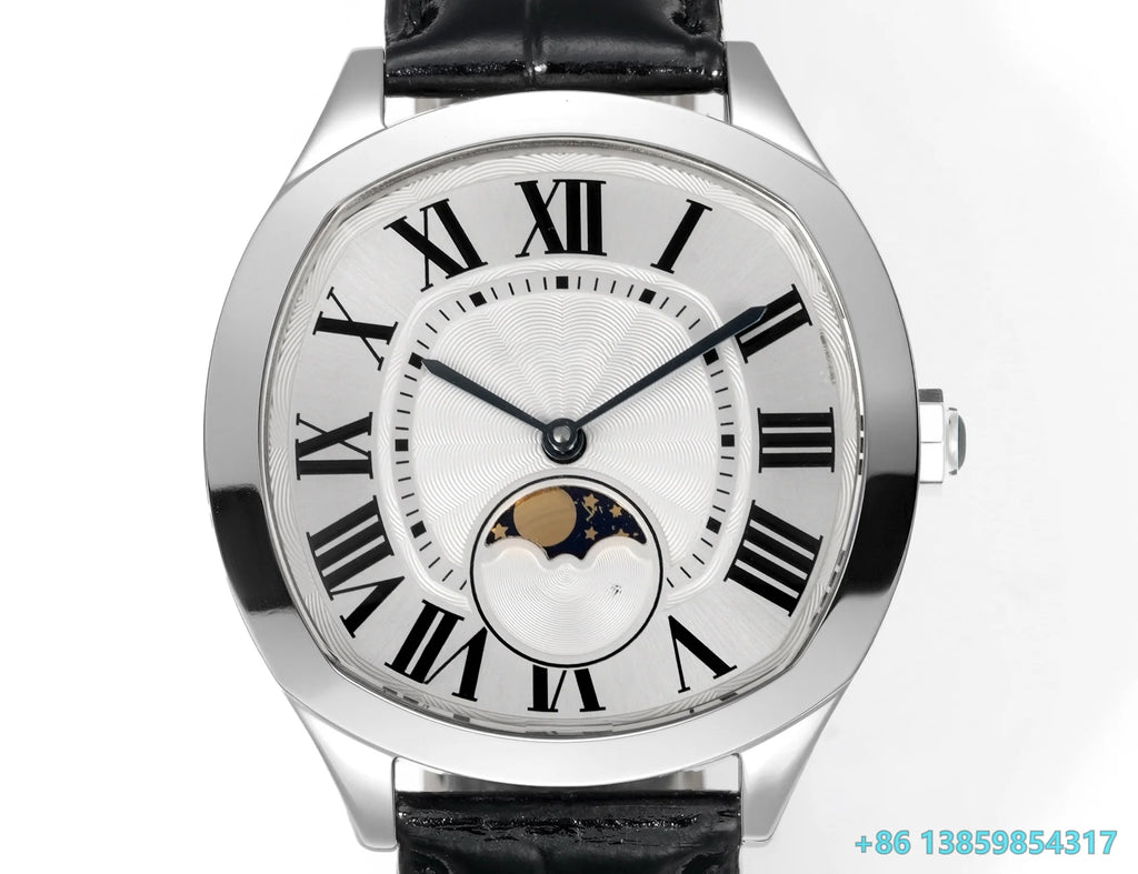 Men Automatic Self-Wind Mechanical Watch Leather Strap Stainless Steel Case Sapphire Crystal Roman Dial Moon Phase Dress Wristwatch