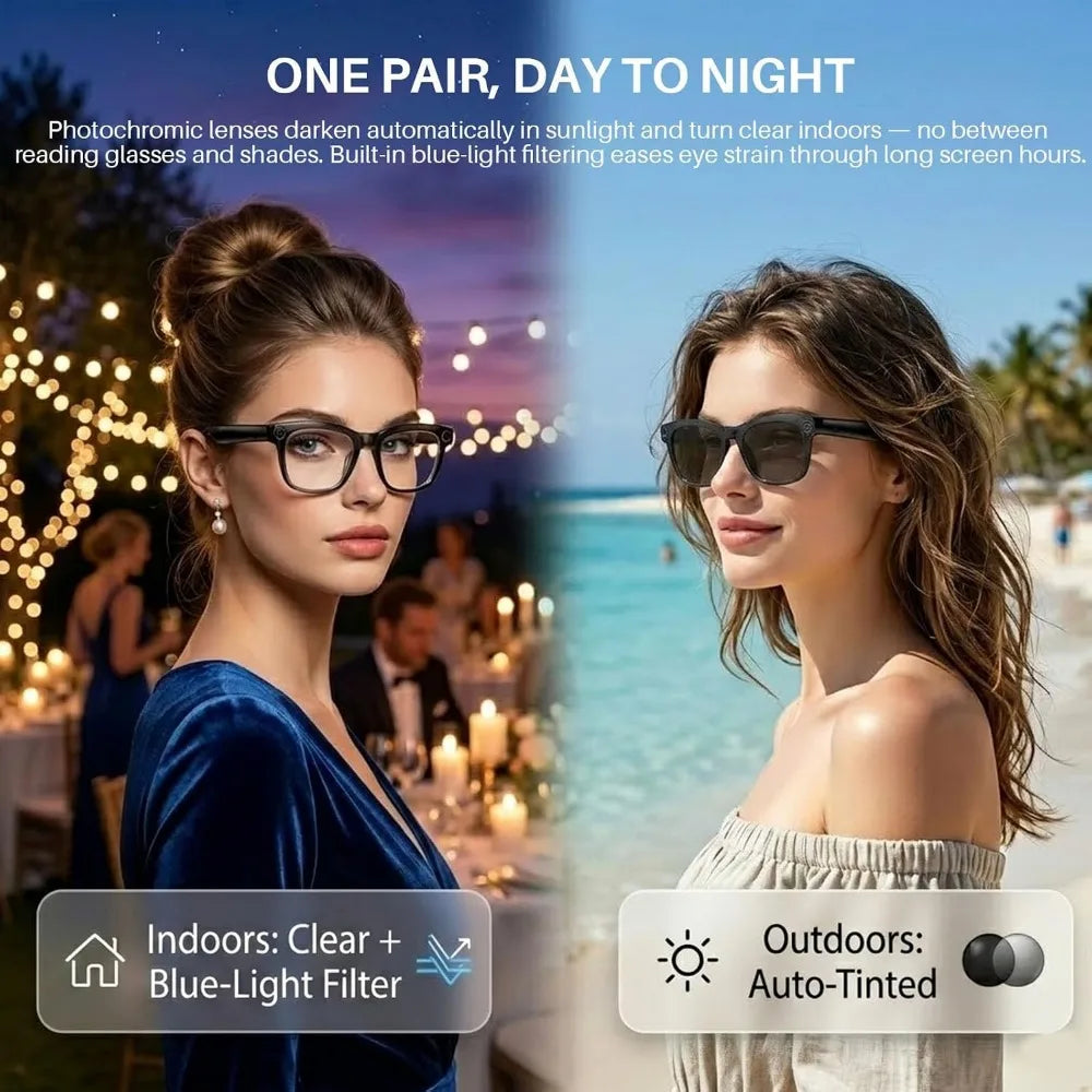 HD 1080P Glasses: 8MP Photos, Auto-Tint Lenses, Open-Ear Audio, Voice Assistant, AI, Translation, LED Privacy, IPX4
